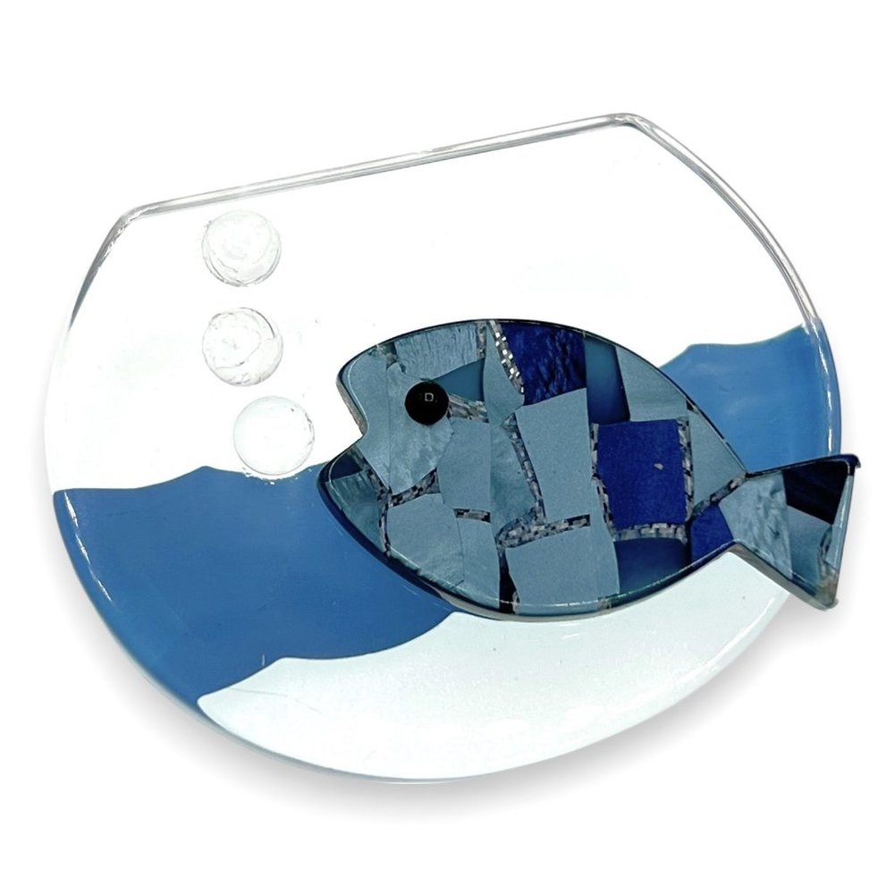 M.C. Pavone Signed (Paris France) Blue & Clear Galalith Fish Bowl Pin/Brooch
